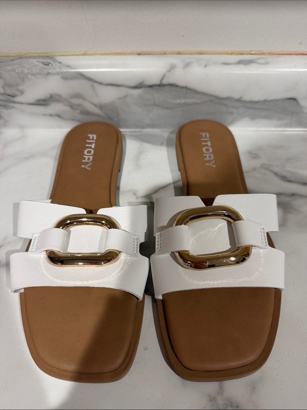 Fitory White Leather Slide Mules with Gold Accent
